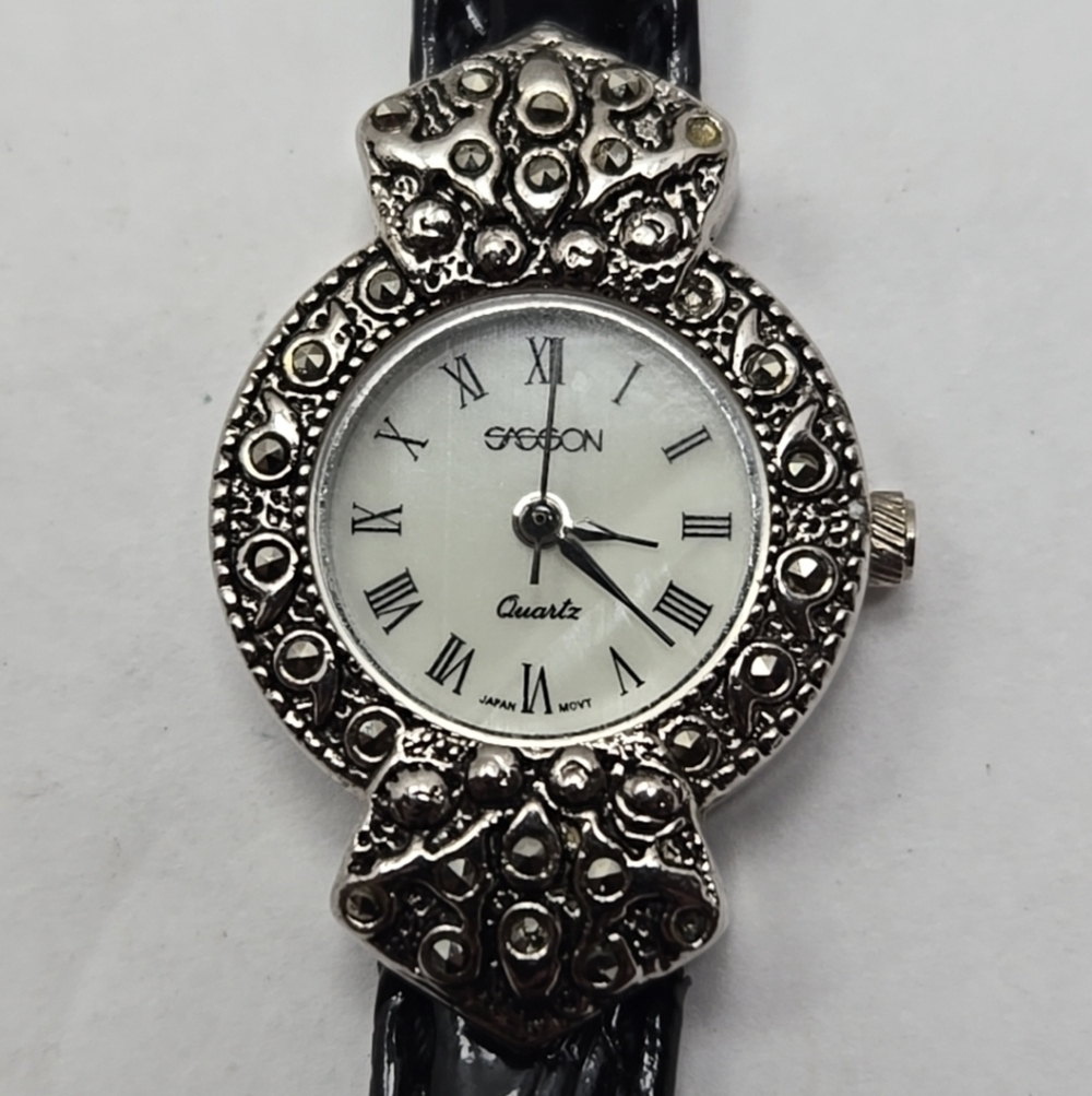 Womens Vintage Sasson Watch Silver Tone Mother of Pearl Marcasite New Battery - Picture 12 of 12
